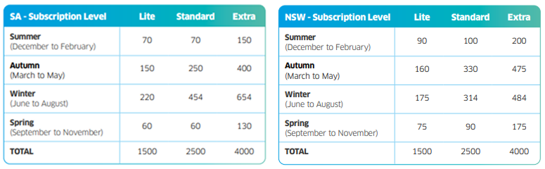 A table showing the monthly consumption allowance per subscription level for customers in South Australia and New South Wales. For more information, call us on one three three eight eight zero eight.