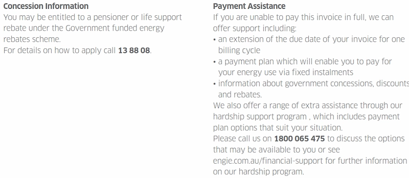 An example ENGIE bill showing the concession and payment assistance section.