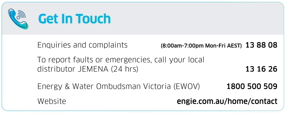An example of an ENGIE bill showing a close-up view of the get in touch section.