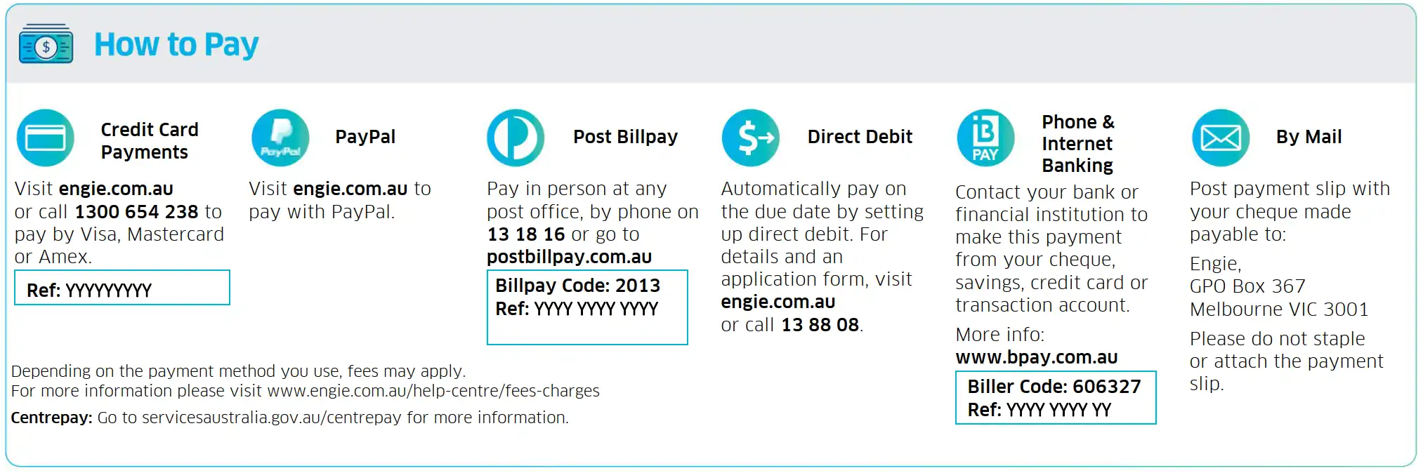 An example ENGIE bill showing the how to pay section.