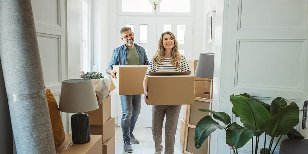 Two people carrying cardboard boxes inside a bright room filled with packed items, including a lamp, cushions, and a large green plant