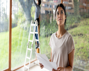 Person holding documents inside a home while another person works on a large window using a ladder.